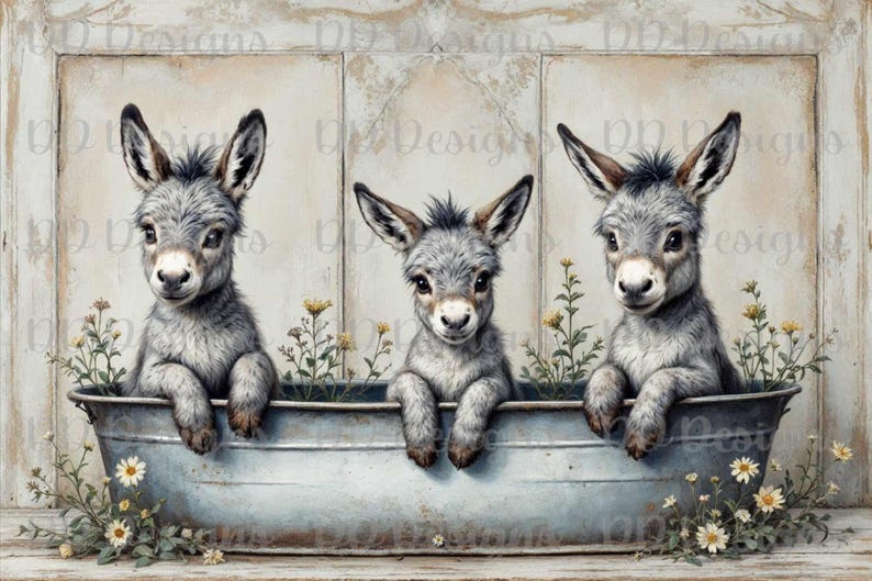 May include: Three gray baby donkeys are sitting in a blue metal tub. The donkeys are looking at the camera. The tub is surrounded by white flowers.