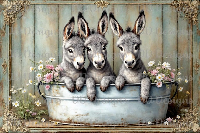 May include: Three adorable gray baby donkeys are sitting in a blue metal tub with white flowers around the rim. The donkeys are looking at the camera with their ears perked up.