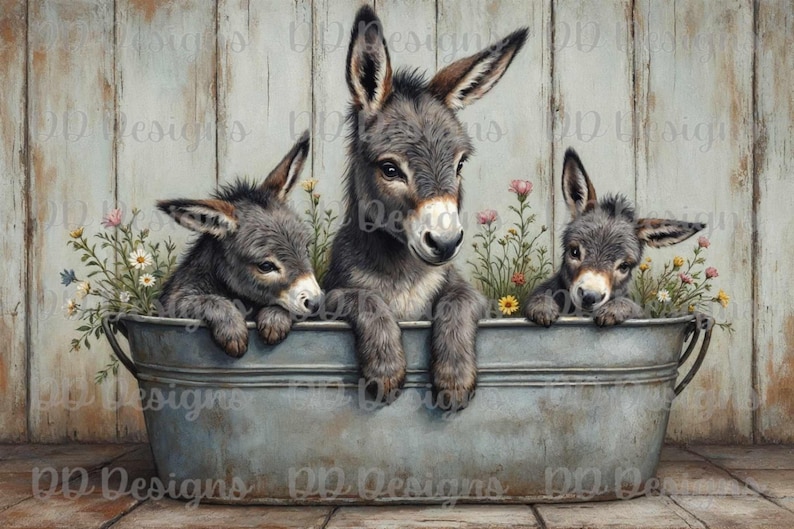 May include: Three gray donkey foals are sitting in a metal tub. The tub is filled with water and the foals are looking at the camera. There are flowers and greenery around the tub.