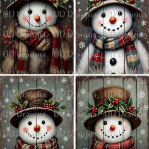 May include: Four charming snowman illustrations. Each snowman wears a brown top hat adorned with holly and berries, a plaid scarf, and a carrot nose. The snowmen are set against a rustic, wooden background with snowflakes.