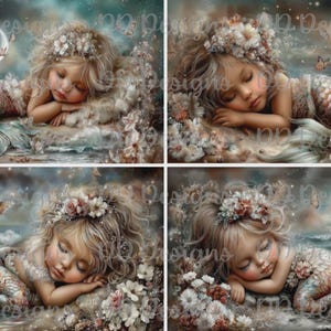 May include: Four-panel artwork featuring a sleeping mermaid child with blonde hair and a floral crown. The mermaid rests on a bed of flowers near the ocean under a crescent moon and butterflies. The artwork has a dreamy, pastel color palette.