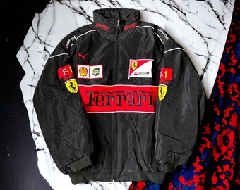 Chaqueta de carreras Ferrari negra - Chaqueta de carreras F1 - Chaqueta vintage de Fórmula 1, Chaqueta de carreras unisex vintage, Regalo para fanáticos de carreras de los años 90 Y2K, Mercancía de F1