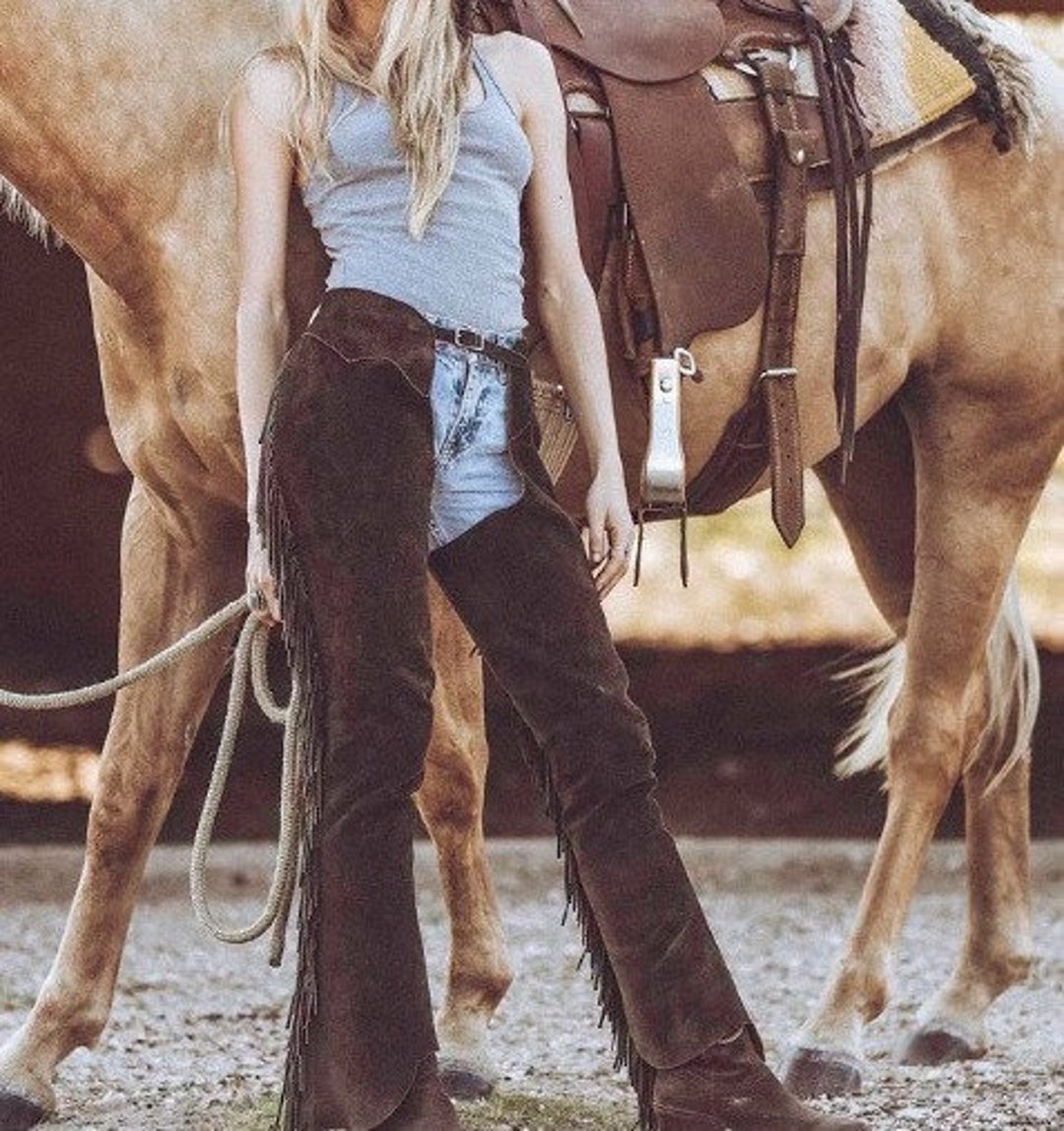Premium Black Suede Leather Western Chinks Chaps – Fancy Work Or Rodeo Chaps, Unisex