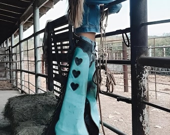 Leather Chinks Chap Hand Made Western Chap Blue Turquoise Horse Riding Fringes Pant Cowboy Costume Equestrian Chap Gifts For Women