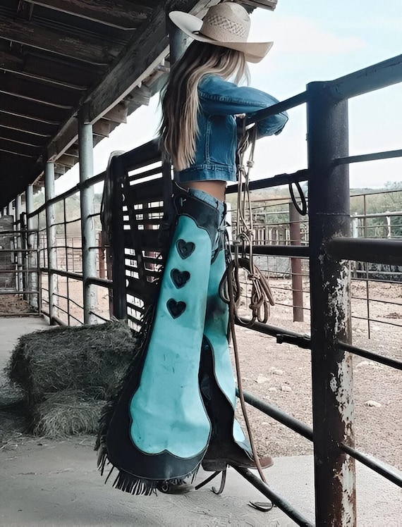 Leather Chinks Chap Hand Made Western Chap Blue Turquoise Horse