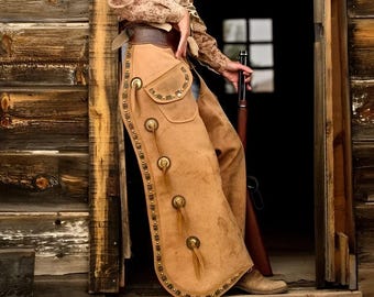 Chaps western en cuir et daim faits main avec franges | Équipement d' équitation cowboy et rodéo | Vêtements de travail rustiques de style ranch | Trous de rodéo personnalisés - France