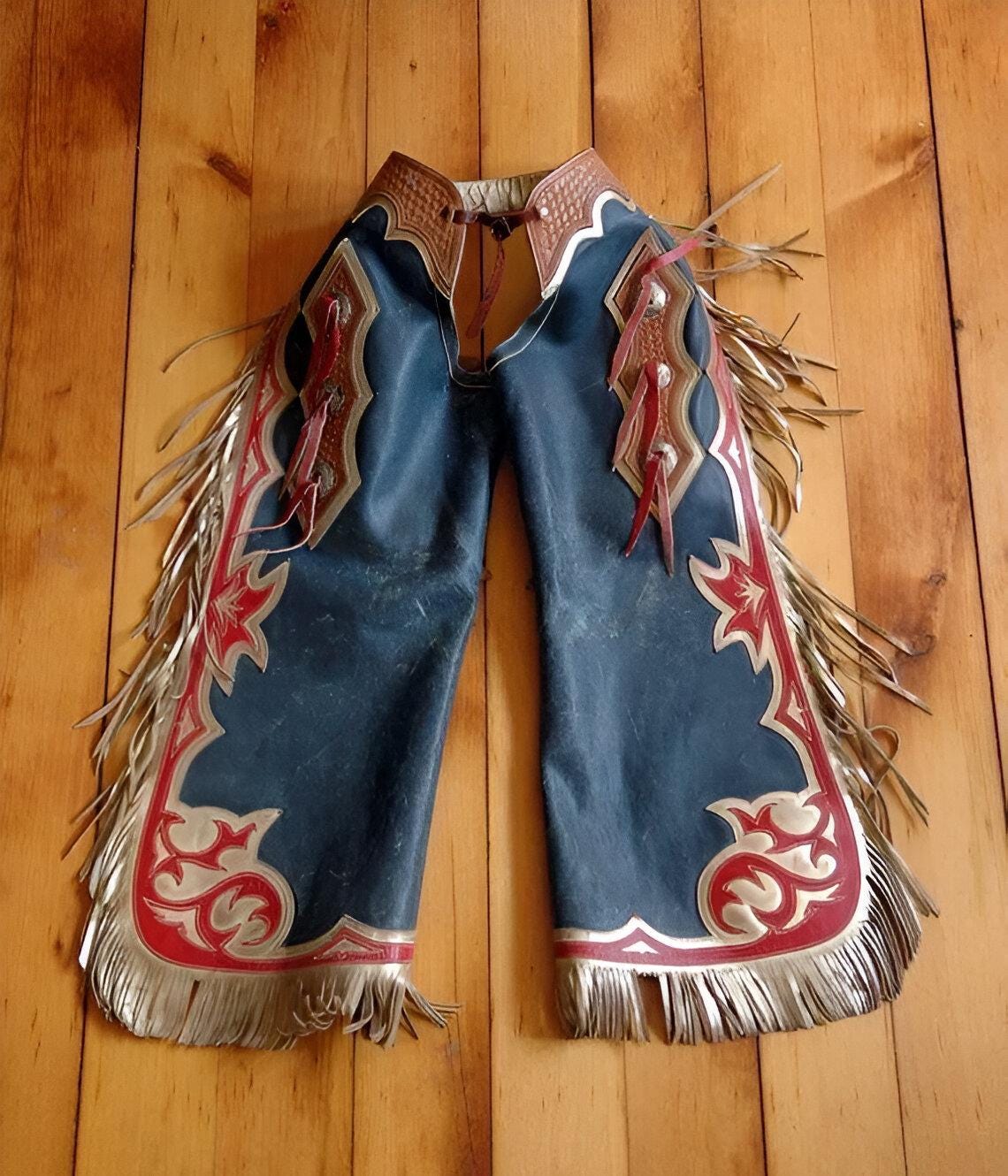 Chaps Western Enfant – Cuir Et Daim Noir Avec Franges Et Pompon – Taille Moyenne – Vintage USA