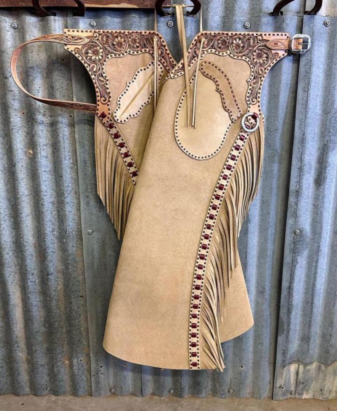 Hand Made Carving Leather Chap Western Suede Chap Horse Riding Fringes ...