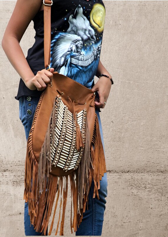 Tan Brown Leather Fringes Boho Purse Leather Fringed Bag  display picture 1