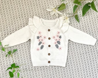 Embroidery Floral Knit Baby Cotton Cardigan/Baby Sweater /Baby Outfit/Toddler Knit Top/Kids Baby &Toddler Clothing/ Baby Shower Gift