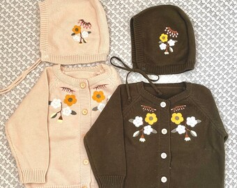 Embroidery Floral Knit Baby Cotton Cardigan with Bonnet/Baby Sweater /Baby Outfit/Toddler Knit Top/Baby &Toddler Clothing/ Baby Shower Gift