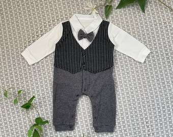 Baby Boy Tuxedo Organic Cotton One Piece Suit Overall /Baby Party /Wedding Suit/Newborn Outfit/Toddler/Kids/Baby Clothing/Baby Shower Gift