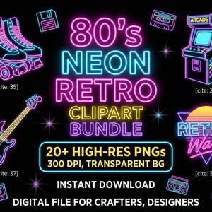 Op de afbeelding: Een digitale clipartbundel met een jaren 80 neon retro thema. De afbeelding bevat neon illustraties van rolschaatsen, een gitaar, een arcade machine en de tekst "80's NEON RETRO CLIPART BUNDLE". Bevat 20+ hoge resolutie PNG's.