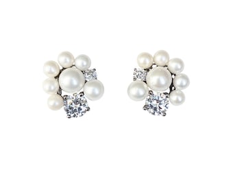Handmade Sterling Silver Pearl Cluster Earrings with Cubic Zirconia