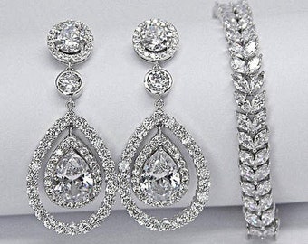 Laurel Leaf Bridal Jewelry Set Minimalist Pear Drop Earrings Sterling Ear Jacket Earrings Tennis Bracelet Bridesmaids Wedding Jewelry Set