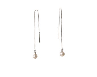 Minimal Threader Pearl Earrings // Dainty Pearl Earrings // Sterling Silver // Linear Pearl Earrings // Petit Perle // Eco Friendly Jewelry
