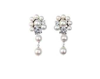 Sterling Silver Pearl Drop Earrings | Cubic Zirconia Accents, Bridal Jewelry