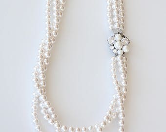 Art Deco Pearl Necklace With Cubic Zirconia Freshwater Round Pearl Cocktail Necklace Best Gifts For Her