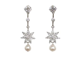 Sterling Silver Pearl Drop Earrings | Cubic Zirconia Aurora Borealis Inspired