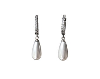 Modern Stylish Sterling Pearl Huggie Hoop Earrings Pearl Drop Hoop Earrings Best Gifts For Her Eco Friendly Jewelry