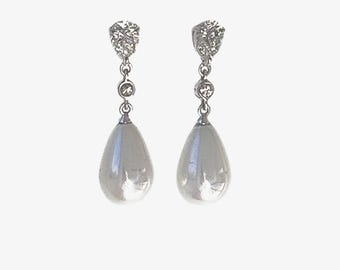 18K Gold Pearl Drop Earrings | Pear-Shaped Diamonds, Princess Kate Inspired