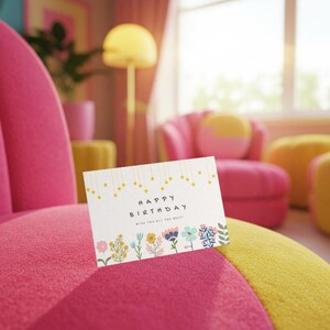 Verjaardagskaart met bloemen en sterren, personaliseerbaar