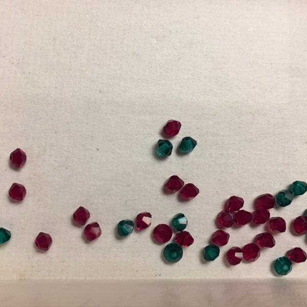 Swarovski Crystal Green and Red Bicone Bead Lot-40 beads