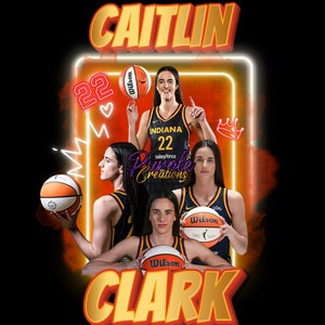 May include: A basketball player wearing a yellow and black jersey with the number 22 and the text "INDIANA" and "salesforce" on it. The player is holding a basketball with the word "Wilson" on it. The player's name is "CAITLIN CLARK" in large, gold letters. The background is a red and orange gradient with a crown.