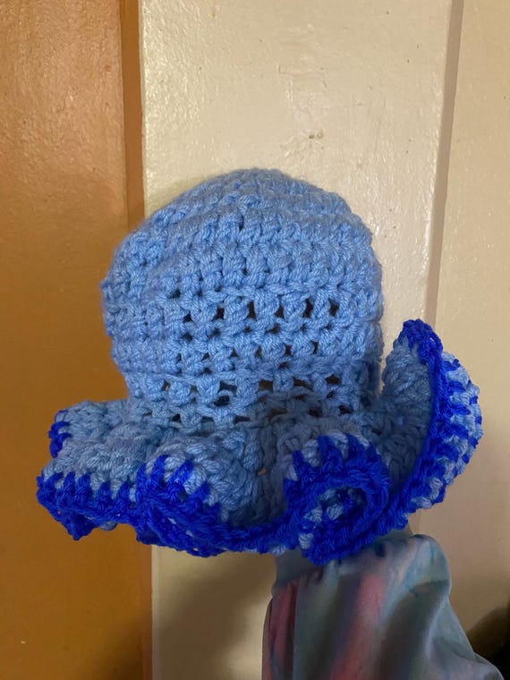 Blue Crochet Hat with Ruffle Trim Ailiya in Cyan Blue Crochet Ruffle Bucket Hat Unisex~ready  main image 4
