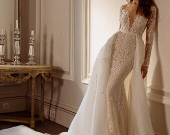 Mermaid Elegant Wedding Dress 2024 | Scalloped Long Sleeve Lace Embroidery | Detachable Train Vestido De Novia | Bride