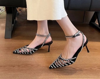 Summer Rhinestone Pointed Toe Leather Pumps | Hollow Crystal Women's Shoes | Fashion Wedding Bridal Heels