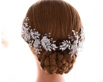 Tiara de boda hecha a mano con cristales plateados y diamantes de imitación, perlas, flores y hojas | Accesorios para el cabello nupcial Joyería para mujer