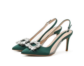 Green Satin Rhinestone High Heels Sandals | Pointed Toe | Ankle Wrap | Women Shoes Size | New Fashion 6cm