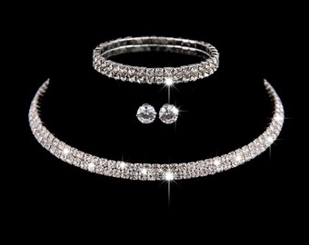 Ensemble de bijoux de mariée en cristal de mode | Banquet de robe de mariée plaqué argent strass | Ensemble collier et boucles d'oreilles, cadeau pour femme