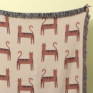 Cute Cat Lover Gift, 100% Cotton Artsy Cat Woven Blanket, Cozy Feline Pattern Throw Blanket, Orange Cat Design, Pet-Themed Home Accessory