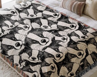 Woven Cotton Badger Throw Blanket, Animal Face Design