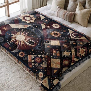 Celestial Patchwork Blanket, Starry Sky Cotton Quilt, Cozy Bedspread for Boho Decor, Galaxy Design Throw, Unique Bedding Gift, Home Decor