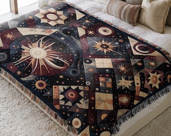 Himmelsk lapptäcke, stjärnklar bomullsfilt, mysigt överkast för boho-inredning, galaxdesignpläd, unik sängklädergåva, heminredning