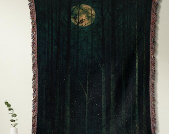 Mystical Forest Woven Throw Blanket - Dark Green Moon Celestial Gothic Boho Woodland Decor - Fringe Cotton Hanging Wall Art Tapestry