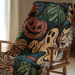Retro Halloween Monsters Woven Cotton Blanket, Spooky Throw, Witch Vampire Mummy Ghost Pumpkin, Classic Horror Home Decor Gift