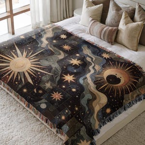 Celestial Patchwork Blanket for Bedroom, Starry Sky Throw Boho Decor, Cozy Galaxy Quilt, Black Bedspread, Unique Persons Name Gift Idea