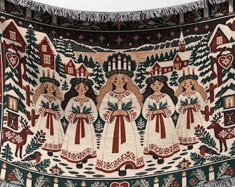 Saint Lucia Christmas Woven Blanket - Swedish Folk Tapestry Throw, Nordic Holiday Gift