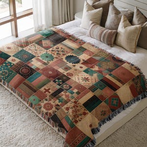 Coperta patchwork tessuta vintage, vivace copriletto decorativo trapuntato in cotone boho, copridivano boho, regalo unico per inaugurazione della casa.