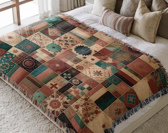 Vintage Woven Patchwork Blanket, Lively Boho Tapestry Cotton Throw Quilted Decorative Bedspread Bohemian Sofa Cover Unique Housewarming Gift