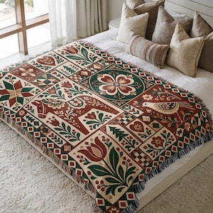 Dala Horse Christmas Patchwork Woven Blanket - Scandi Folk Art Quilt Tapestry Throw, Holiday Home Gift