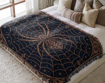 Art Nouveau Spider Blanket - Gothic Revival Celestial Web Throw with Faux Bronze Detail