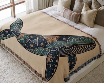 Nordic Celestial Whale Blanket - Intricate Ocean Woven Throw with Starry Night & Wave Patterns for Coastal Home