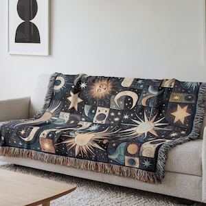 Persons Name Celestial Blanket, Astrology Boho Quilt, Starry Night Sky Throw for Bedroom Decor, Sun and Moon Woven Cotton or Fleece Gift