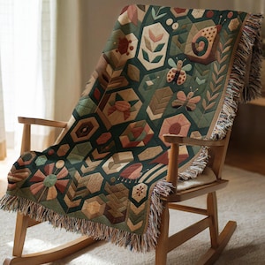 Geometric Garden Woven Blanket, Botanical Insect Throw, Modern Cotton Quilt, Floral Bug Hexagon Art, Nature Inspired Gift