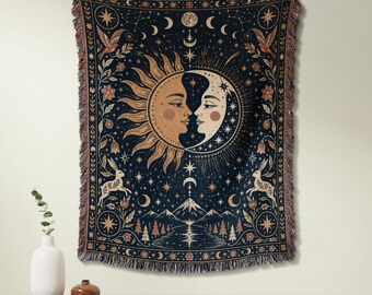 Sun and Moon Celestial Woven Blanket - Tarot Tapestry Throw, Astrology Lover Gift